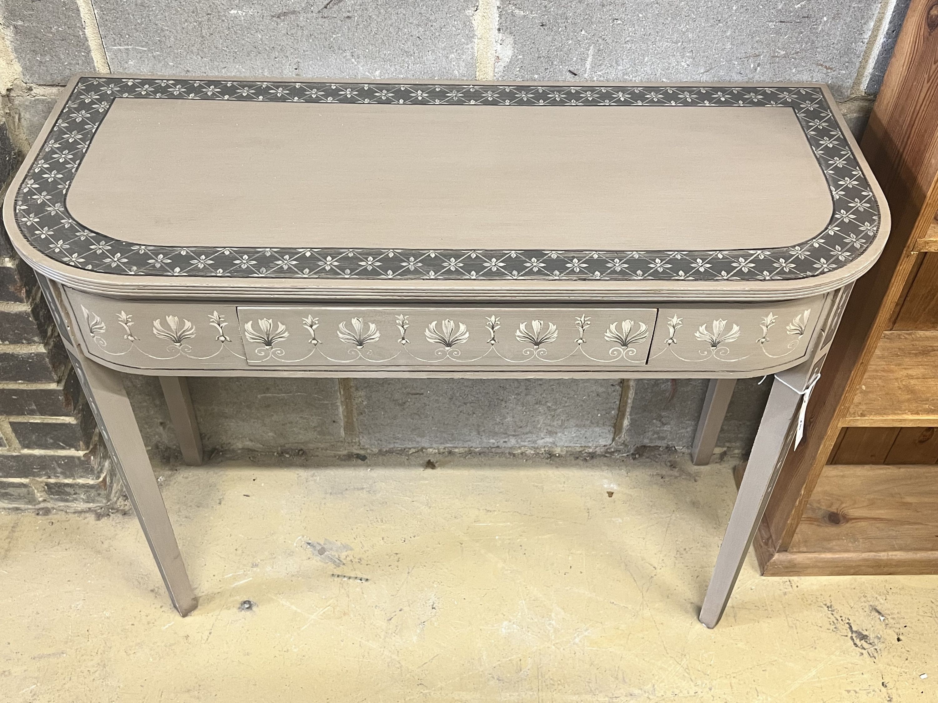 A George III design side table re-painted in a Sheraton style, width 91cm depth 38cm height 72cm